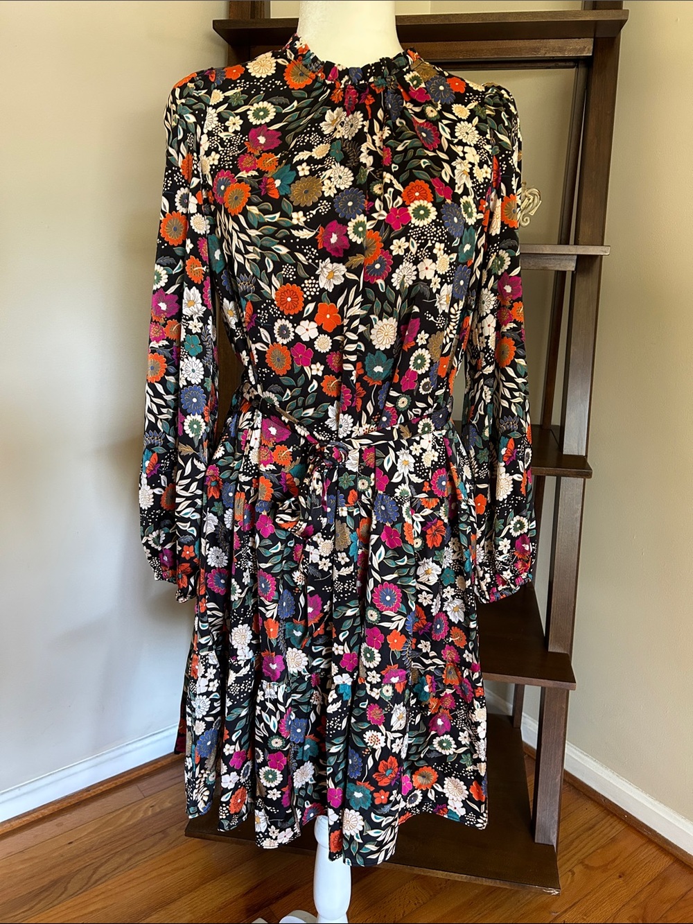 Floral Black Long-Sleeve Mini Dress with Tie Waist
